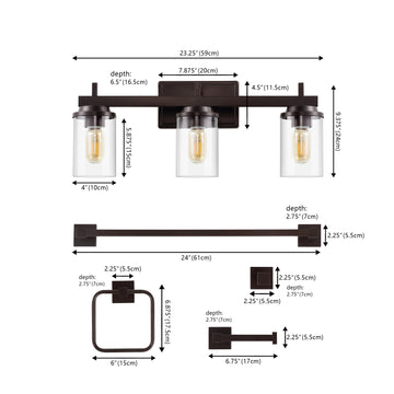 Liam 23.25" 3-Light Farmhouse Industrial Vanity Light with Bathroom Hardware Accessory Set - JONATHAN Y
